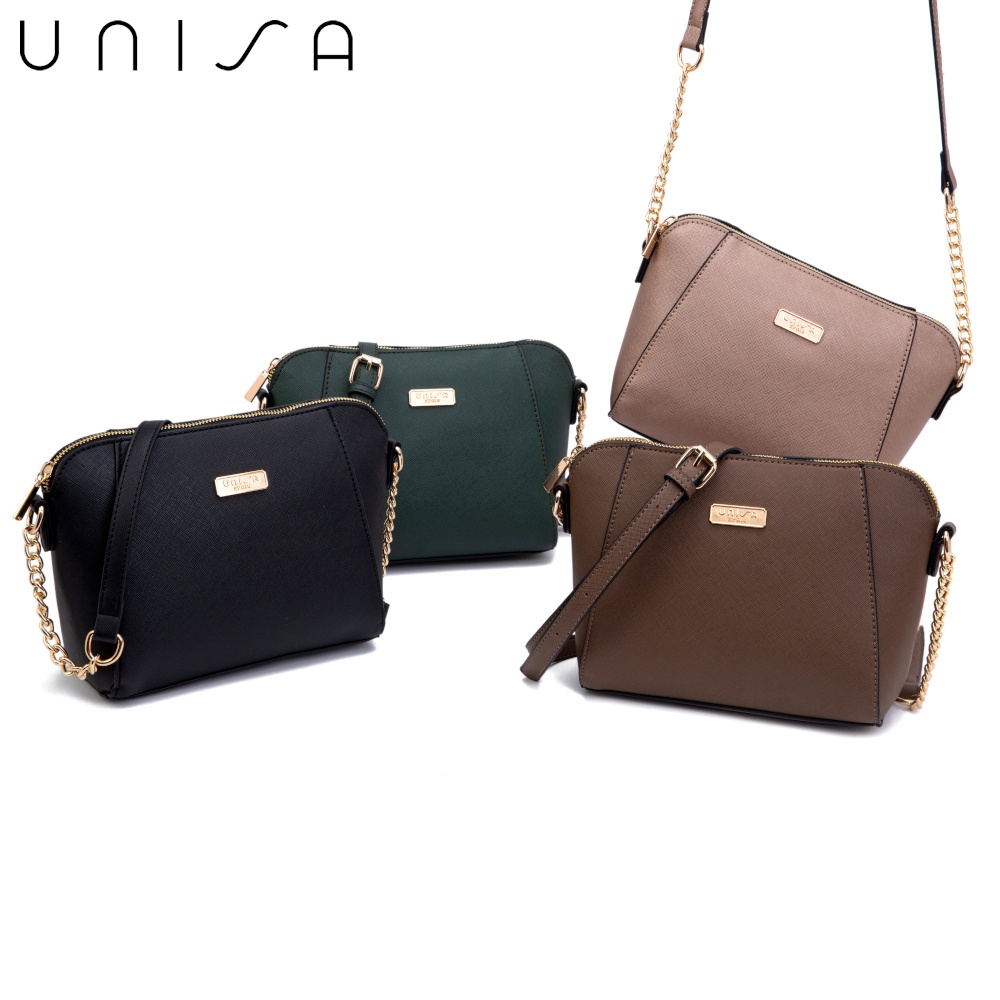UNISA Saffiano Sling Bag With Metal Chain Strap Black Khaki Bronze Green Shopee Malaysia