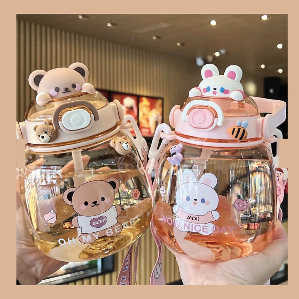 1310ml Cute Bear Portable water bottle with straw Korean Ins Student ...