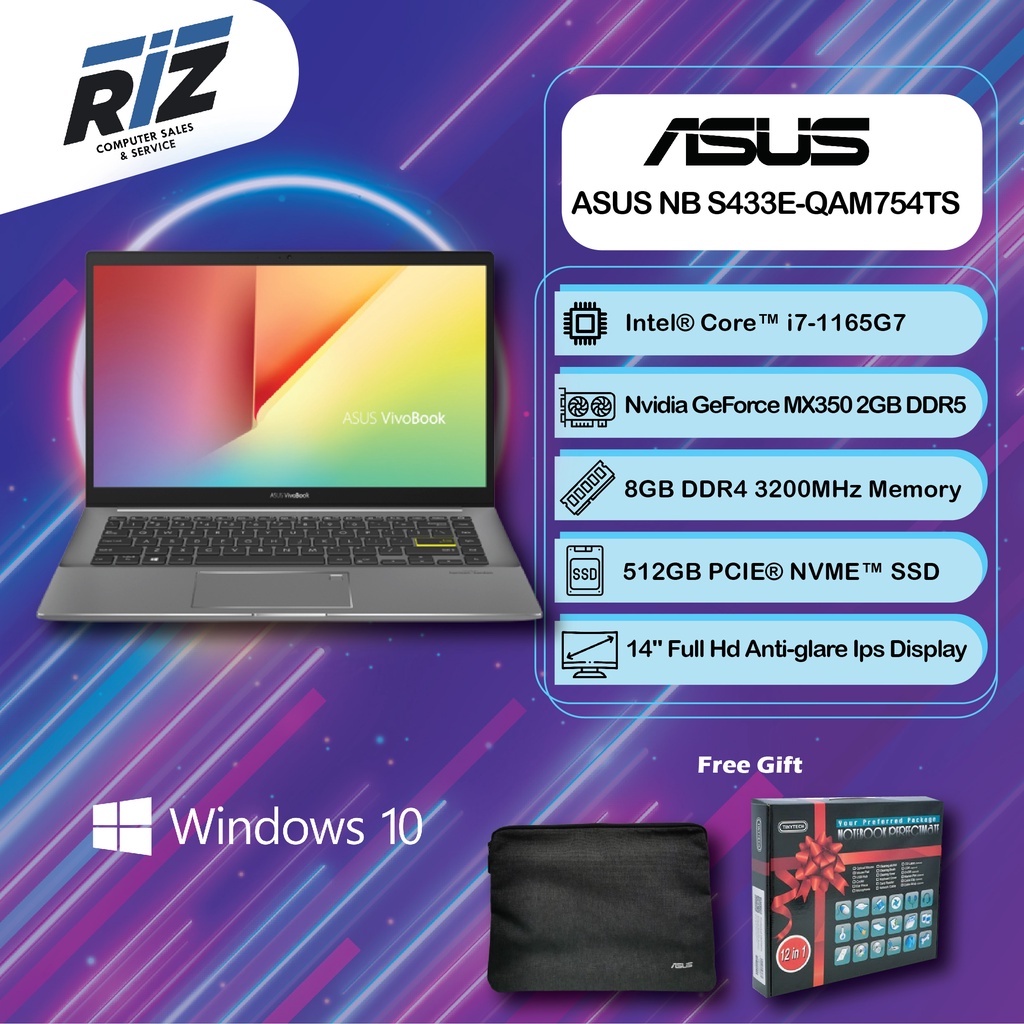 Asus Vivobook S14 S433e Qam754ts 14 Fhd Laptop Indie Black I7 1165g7 8gb 512gb Ssd Mx350