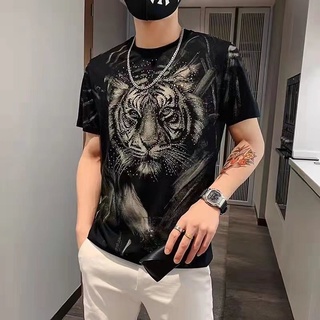 New Luxury Fashion Men T-Shirt Tiger Rhinestones Hot Diamond Short Sleeve