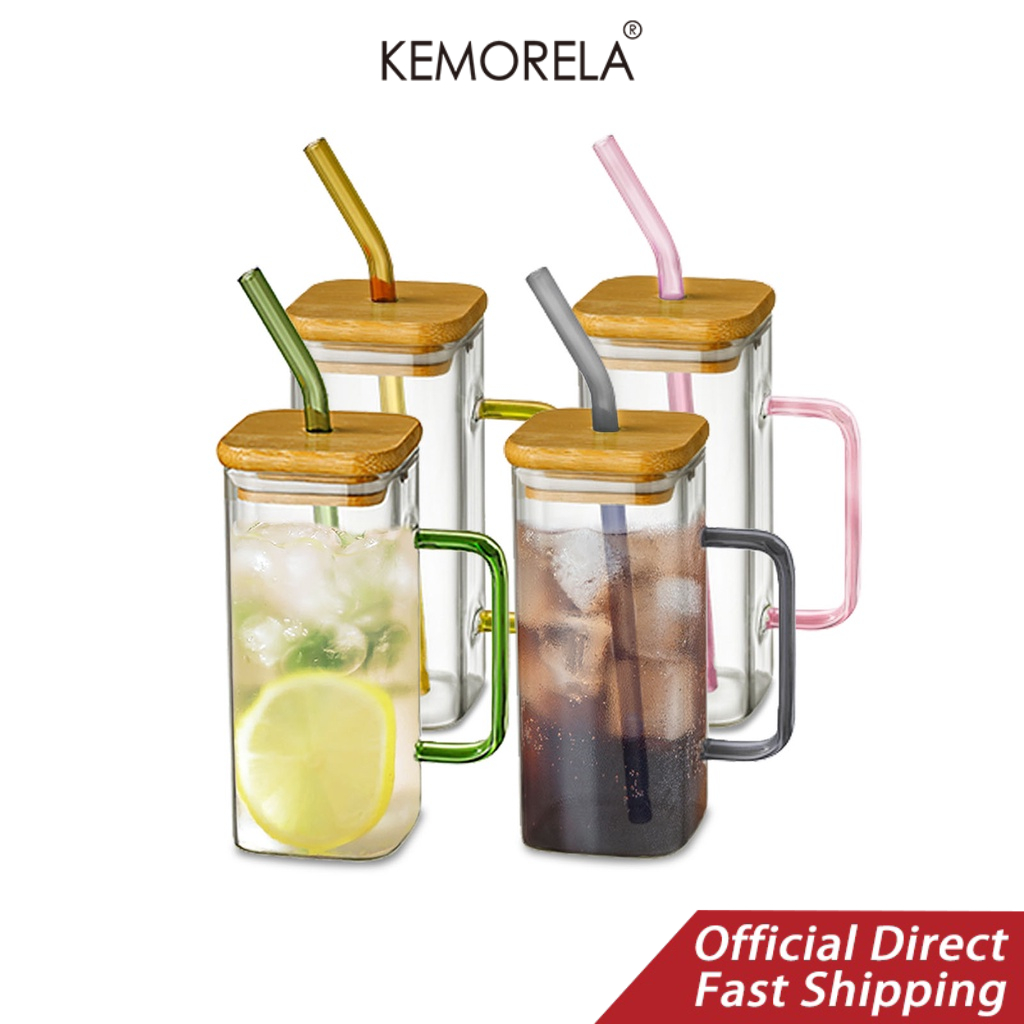 Straw Cup 400ml Square Glass Cup With Bamboo Lid and Straw High ...