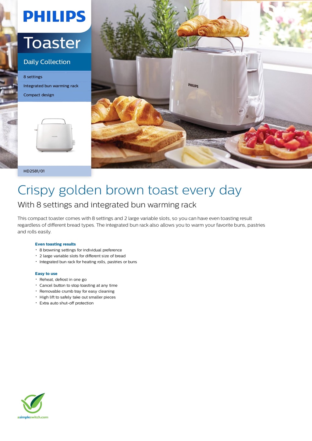 Philips Daily Collection Toaster slots Settings HD2581