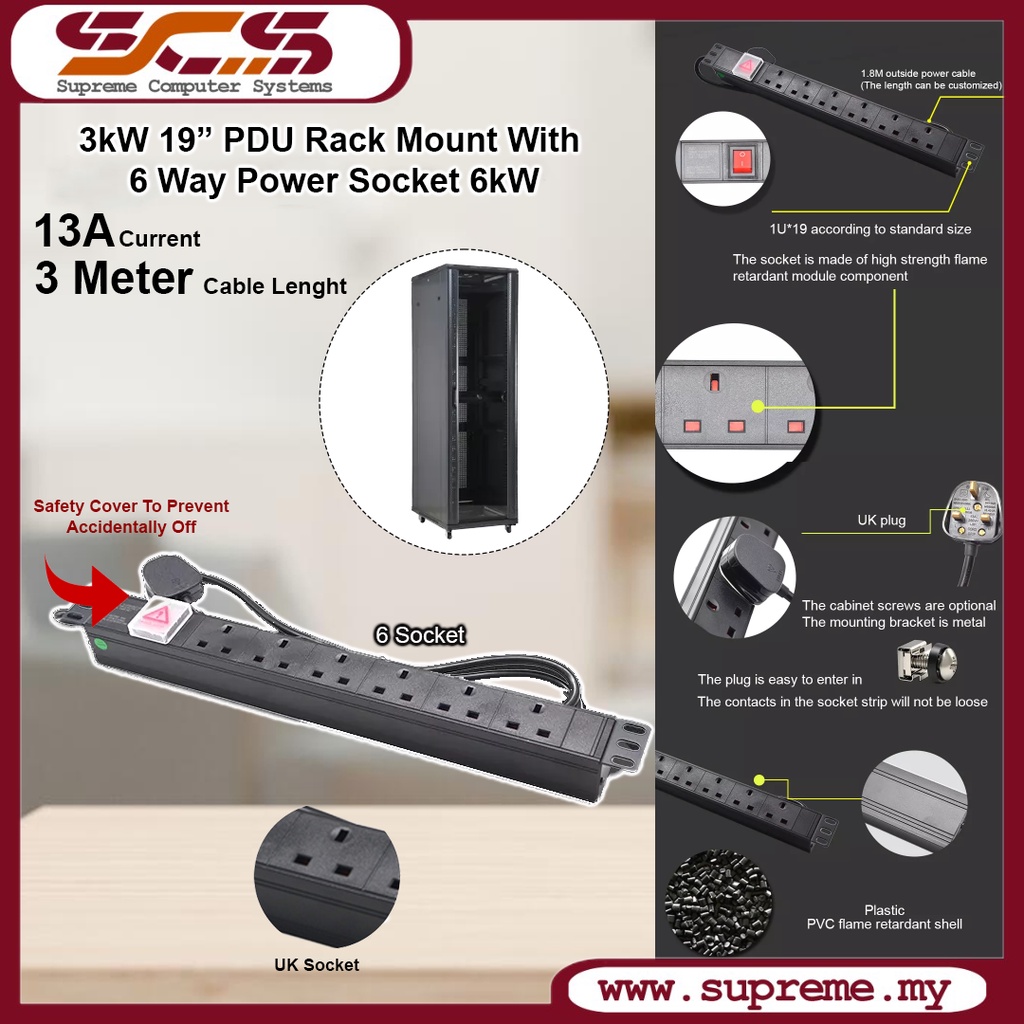 13A Power Distribution UK Plug For Server Rack Mount 1.8M 1U 19
