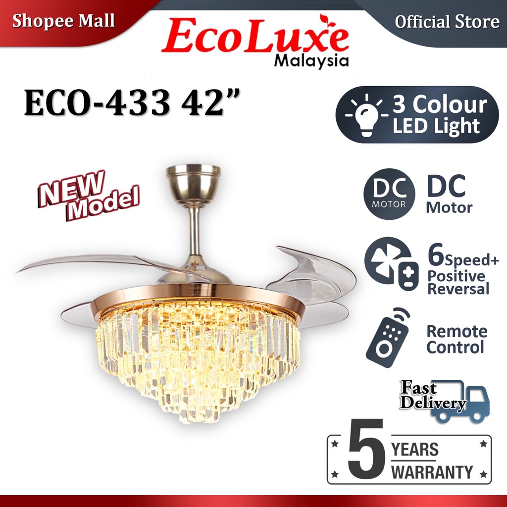 Ecoluxe Crystal Chandelier DC Ceiling Fan Invisible Blades with LED Light 42