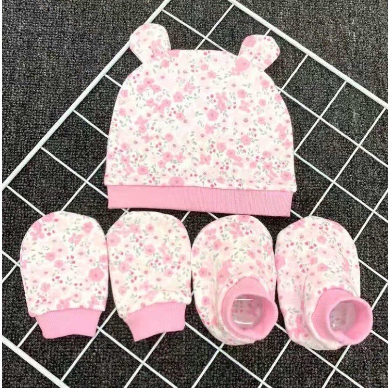 Babyhug 100% Cotton Knit Cap Mittens & Booties Set Floral Print - Pink main image 1
