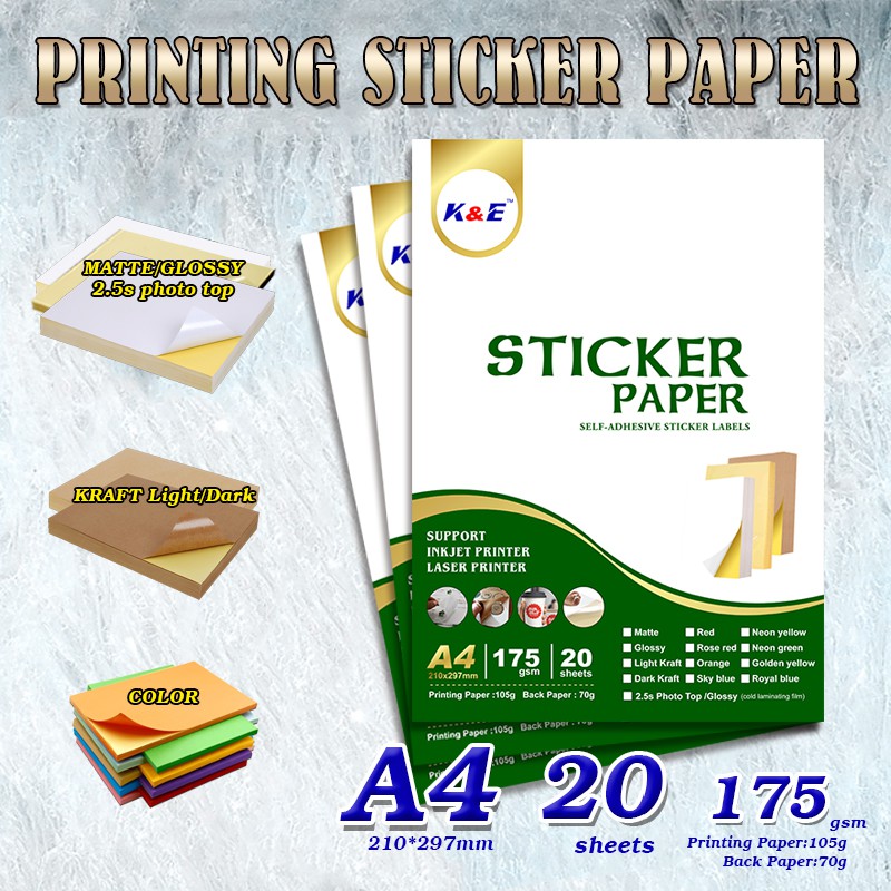 (20SHEETS)K&E Stationary School Supplies B&e Sticker Paper A4 Size Matt ...