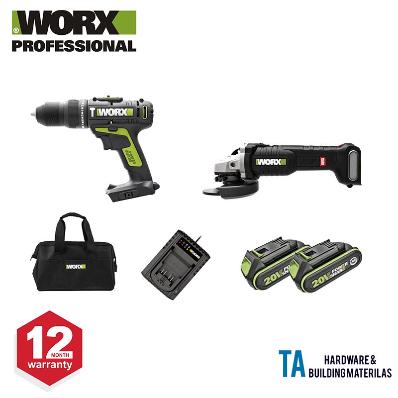 WORX COMBO SET WU179 WU808.9 CORDLESS HAMMER DRIVER AND LITHIUM ION BRUSHLESS ANGLE GRINDER 20V 2.0AH