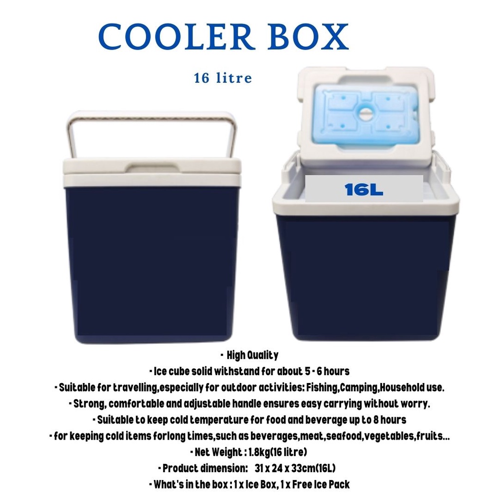 Cooler box / Cold storage box + free ice pack 16 & 26 litre picnic