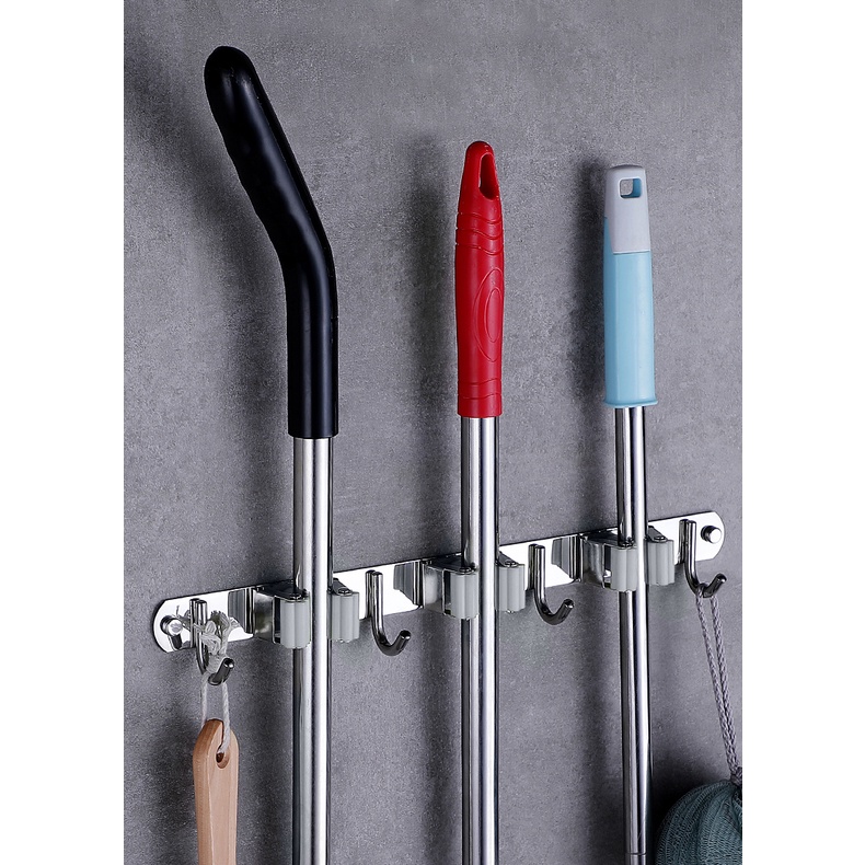Wall Mount Broom Holder Organizer Stainless Steel (3 Handle and 4