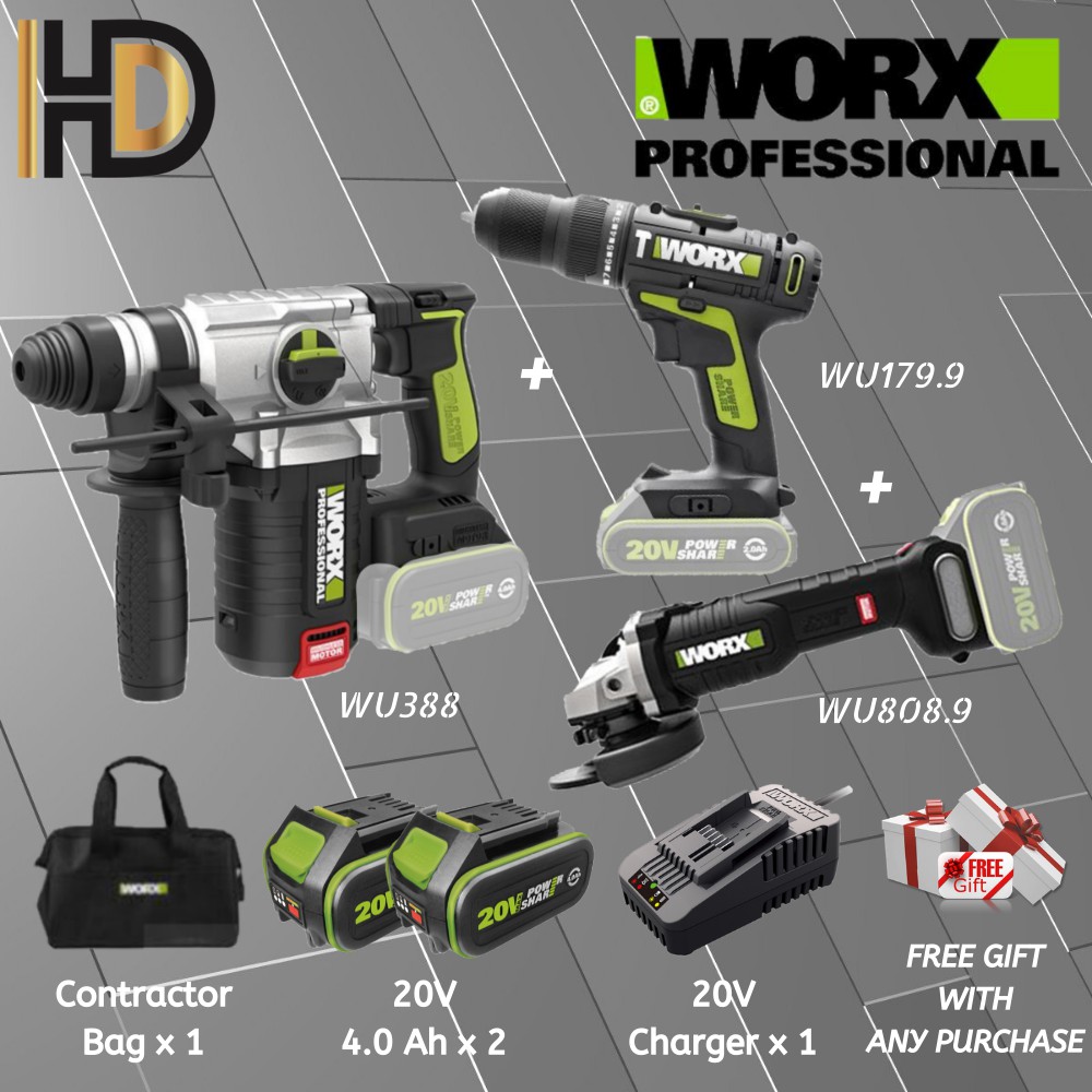 WORX 20V HOT COMBO SET PACKAGE 3 IN 1 WU388 Rotary Hammer WU808