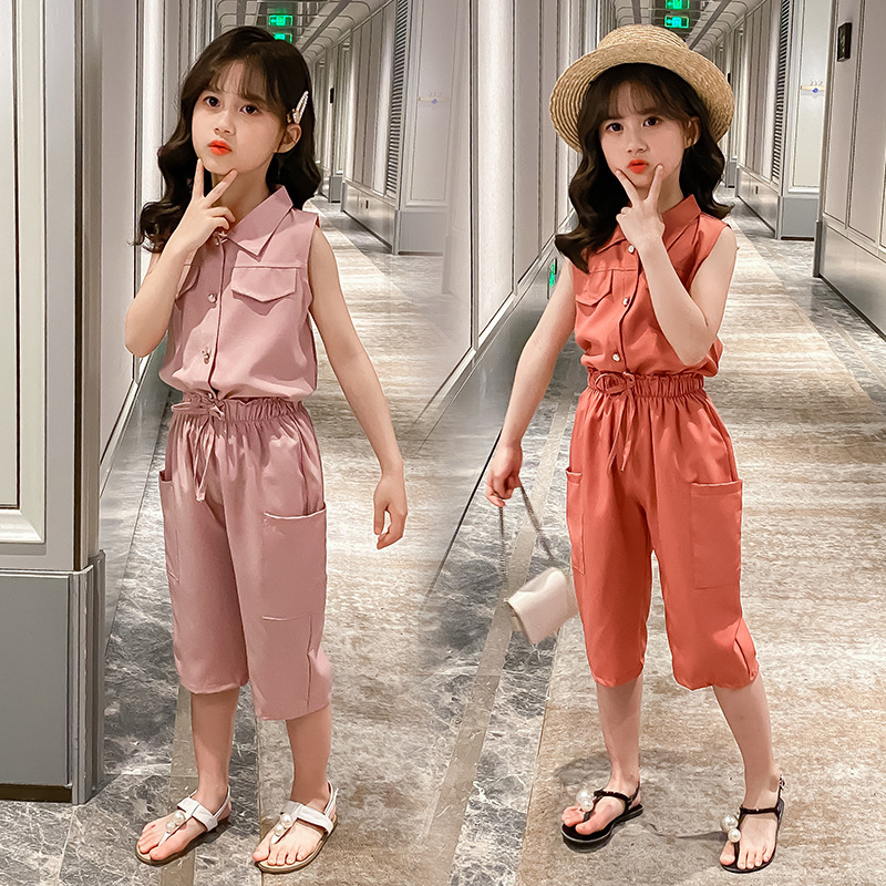 3 14Years Kids Girl Clothes Set Sleeveless Button Shirt 7 Point Pants Set Shopee Malaysia