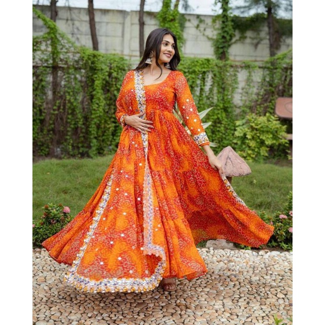 New Georgette Gown Printed Orange Colour Size XL Shopee Malaysia