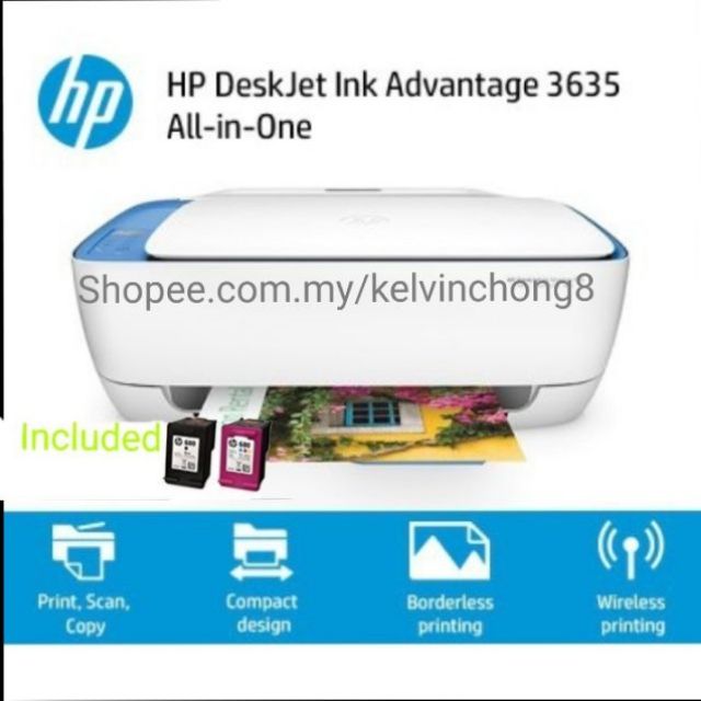 HP Deskjet ink Advantage 3635 All In One Wireless Printer - (F5S44B) + HP 680ink cartridge colour | Malaysia