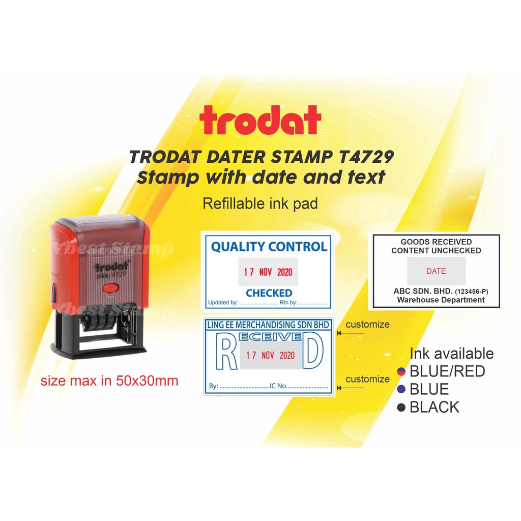 Trodat Self inked Date Stamp 4729 with customize wording