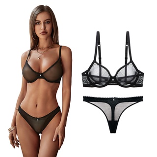 Women Lingerie Set Sexy See Through Underwire Lingerie Lace Ultra-thin Thong  Set