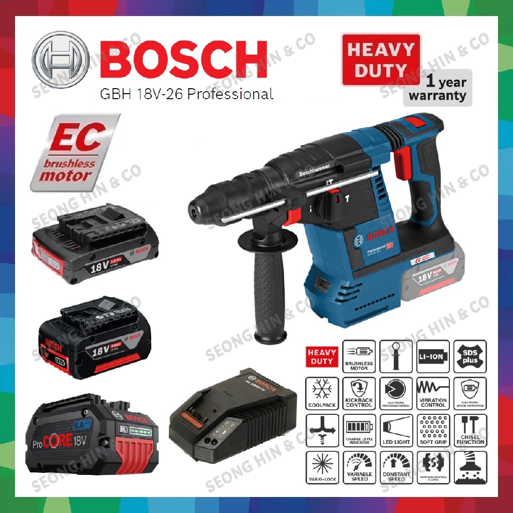 BOSCH GBH 18V 26 EC BRUSHLESS CORDLESS ROTARY HAMMER DRILL WITH SDS ...