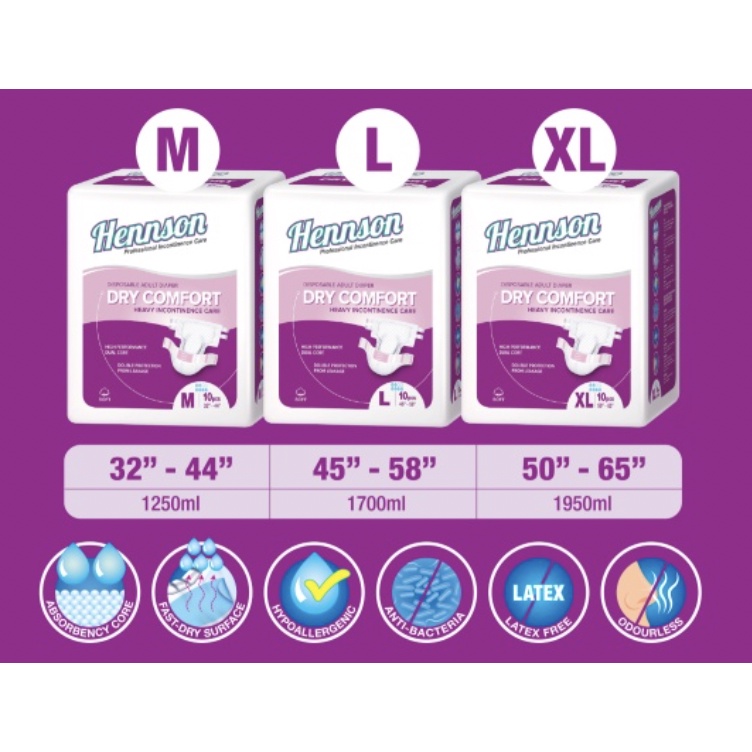 HENNSON DRY COMFORT DISPOSABLE ADULT DIAPERS M / L / XL SIZE 10S