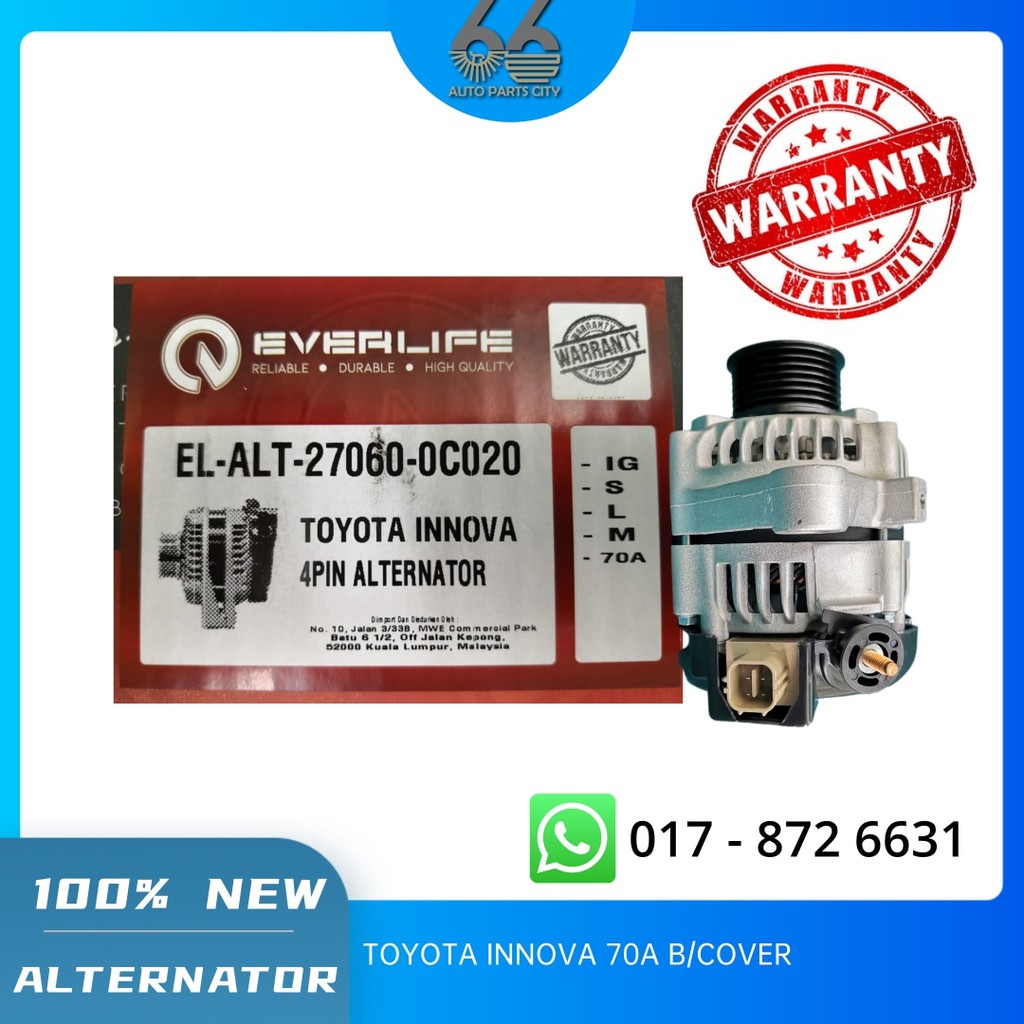 ALTERNATOR TOYOTA INNOVA 70A B/COVER NEW (EVERLIFE) | Shopee Malaysia