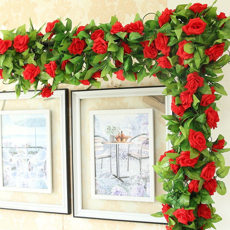 230cm Rose Rattan Rope Artificial Flowers Wedding Arrangement Faux Silk ...