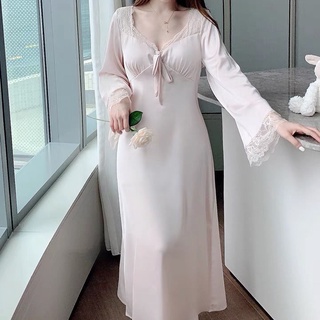 Women Lingerie with Bra Pad Long Sleeve Sleep Dress Ice Silk Lace Nightwear  Baju Tidur Panjang 宫廷睡裙 SD10