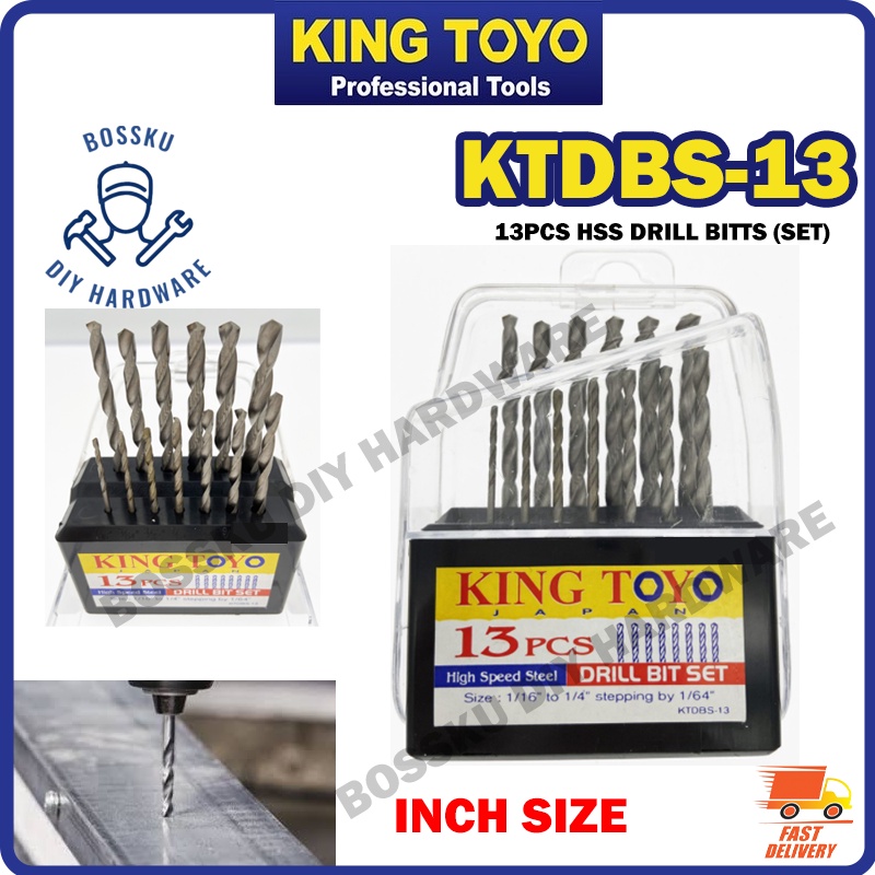 KING TOYO KTDBS13 13pcs HSS Drill Bit Set INCHES Sizes (1/16" to 1/4") for Metal Mata Tebuk
