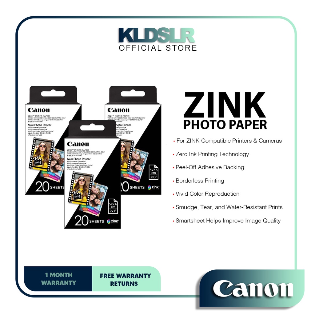 Canon 2x3" ZINK Photo Paper Pack (20 Sheets) For iNSPiC PV123 PV123 PV