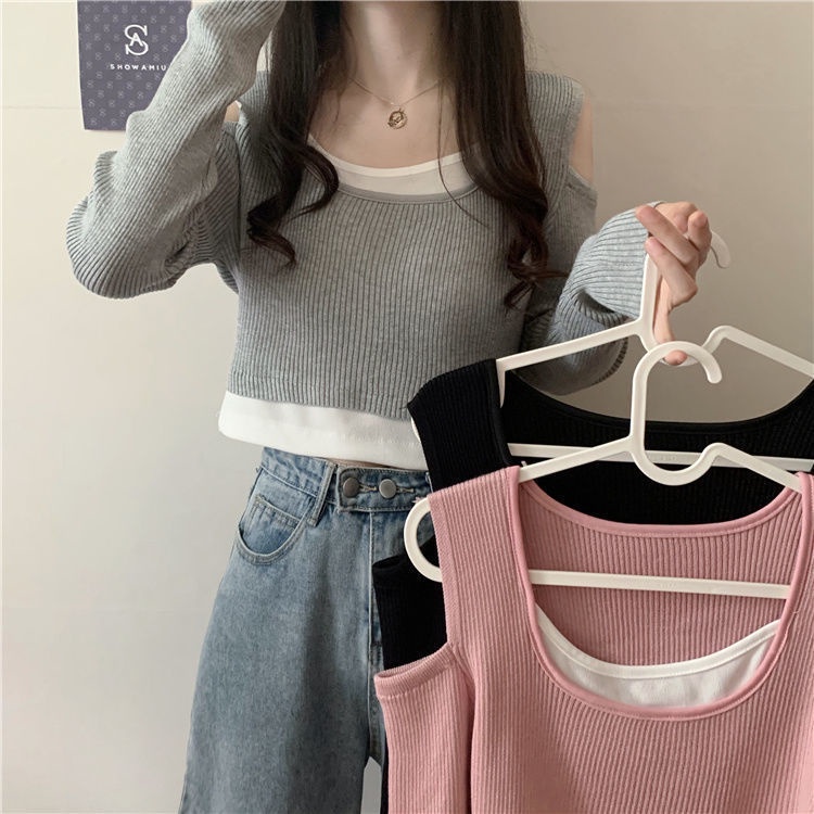 Slanted Shoulder Fake Two Knit Top