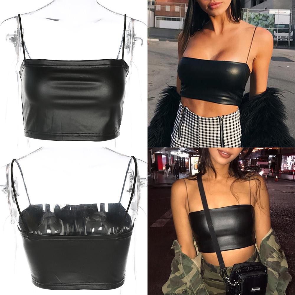 Womens Spaghetti Straps PU Leather Bustier Crop Top Sexy Lingerie