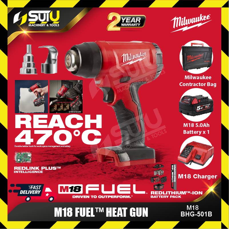 Cordless heat gun Milwaukee M18 BHG-502C set, 18 V, 2 x 5 Ah