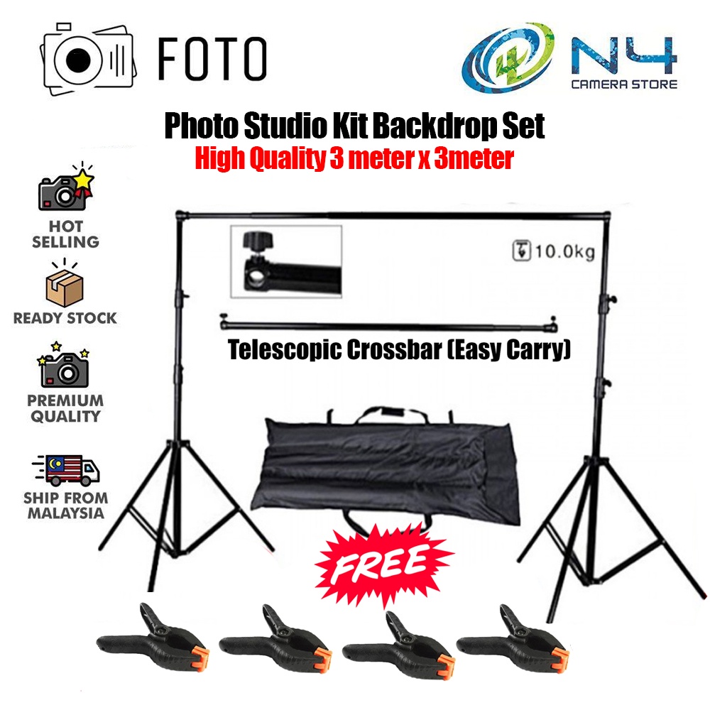 Foto Photo Studio Kit Set Backdrop Stand with Storage Bag & 4 Backdrop Clip 3mx3m Backdrop Set