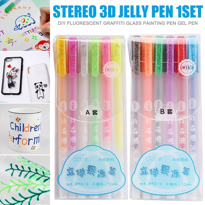 6PCS/set 3D Glossy Jelly Ink Pen Set Brighten up Handwriting Dry Surfaces  Clean