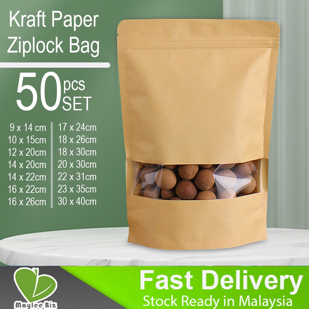 50pcs Kraft Paper Ziplock Bag With Clear Window Zipper Resealable Food