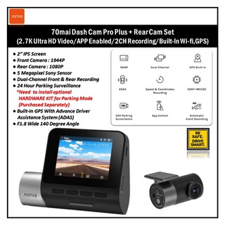 70mai True 2.7K 1944P Ultra Full HD Dash Cam A500S, Front and Rear,  Built-in WiFi GPS Smart Dash Camera for Cars, ADAS, Sony IMX335, 2'' IPS  LCD
