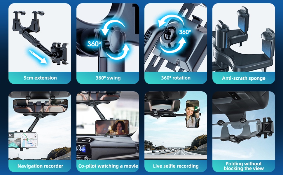 InCar Rear View Mirror Mount GPS DVR Car Phone Holder 360 Degree