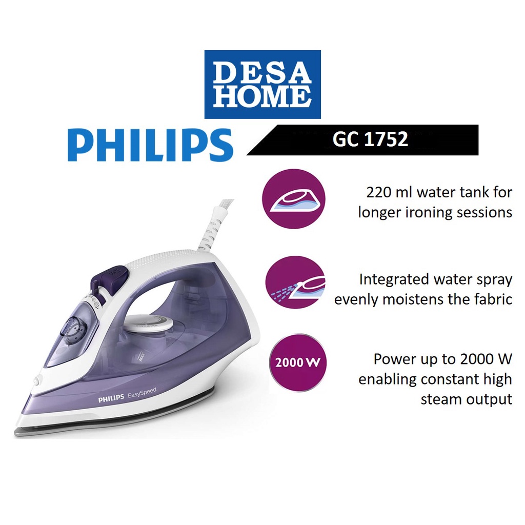 PHILIPS Easy Speed Steam Iron GC1752/36 Shopee Malaysia