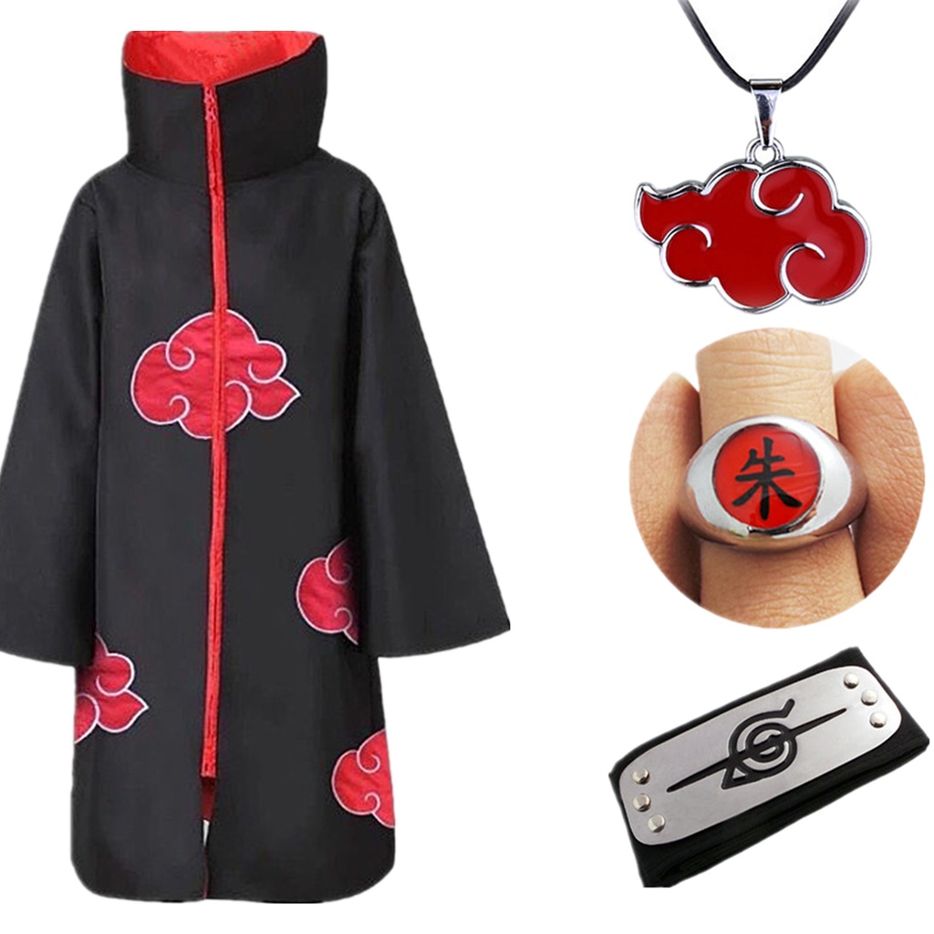 Anime Naruto Costume Red Cloud Robe Cosplay Costume with Headband Ring