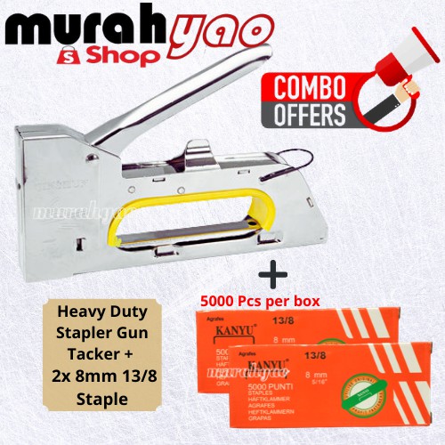 COMBO Heavy Duty Stapler Gun Tacker + 2 x 8mm 13/8 Staple Refill ...