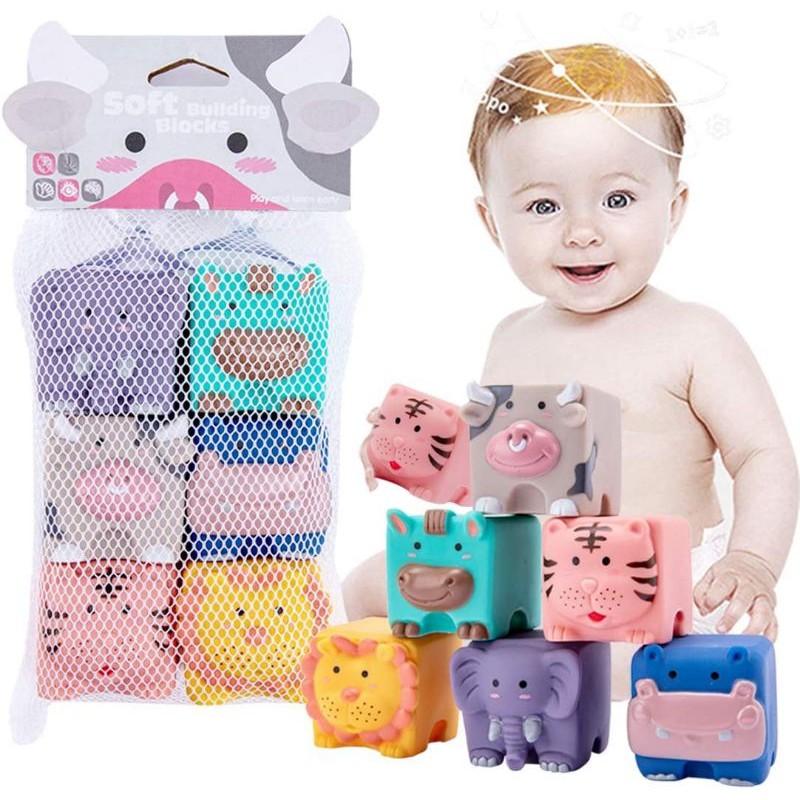 12 pcs 3D Soft Silicone Building Blocks, teether, squeeze bath ball ...