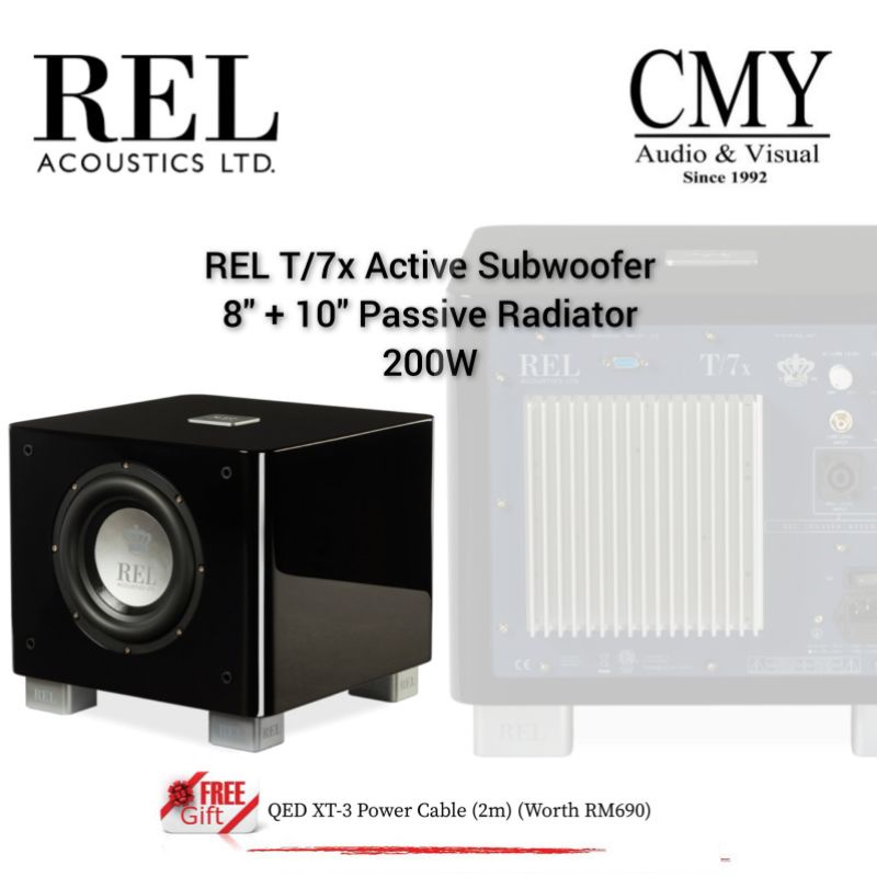 REL T7x Active Subwoofer Piano Black Finished( Free QED Power Cord/1