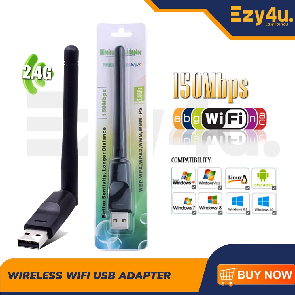 Wireless Adapter 150Mbps 2.4Ghz USB Plug In WiFi Receiver PC MTK7601