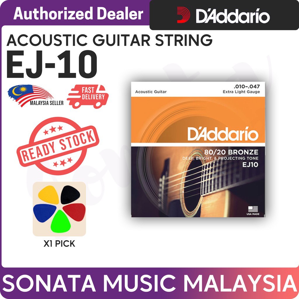 D'Addario Guitar Strings - Acoustic Guitar Strings - 80/20 Bronze - For 6  String Guitar - Deep, Bright, Projecting Tone - EJ10 - Extra Light, 10-47