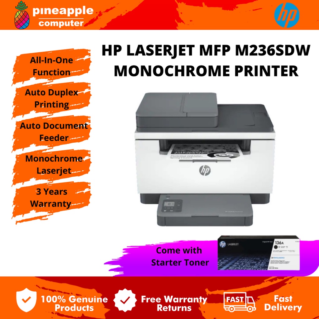 Hp Laserjet Mfp M236sdw Multi Function Mono Printer Print Scan Copy Wireless Adf 3457