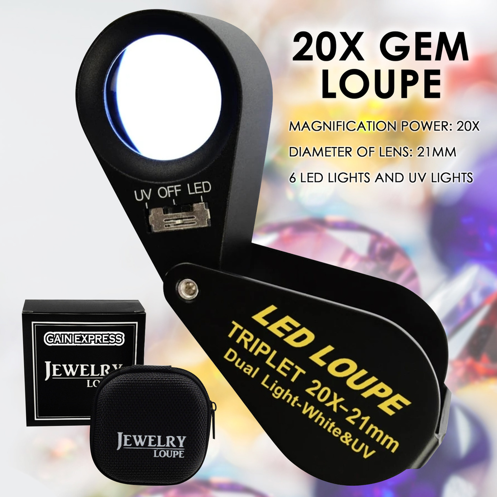 20x Loupe 21mm Optical Glass Magnifier 6 LED Light & UV Light