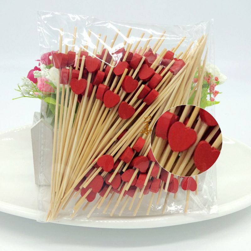 100Pcs 12cm Disposable Bamboo Heart Skewers Fruit Dessert Cake Sign ...