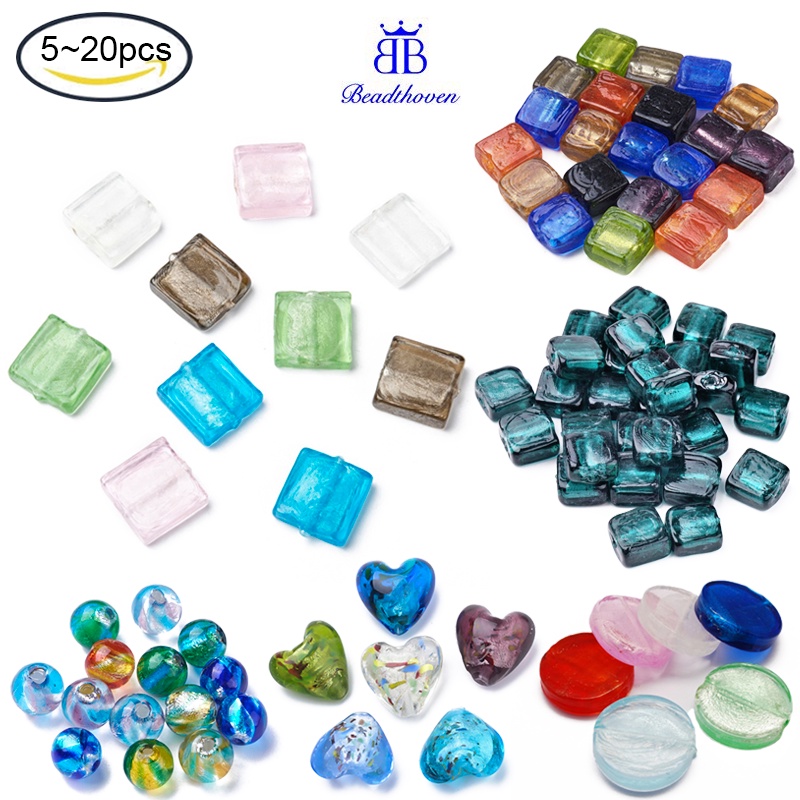 Beadthoven 20pcs Handmade Silver Foil Lampwork Beads Square Teal ...