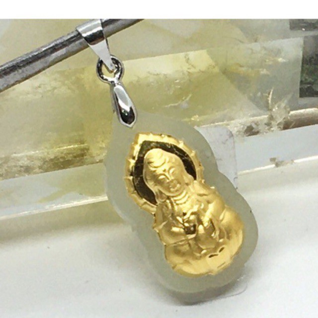 Loket Jade / 999 Gold Inlaid Natural Jade Pendant with silver Hook 999
