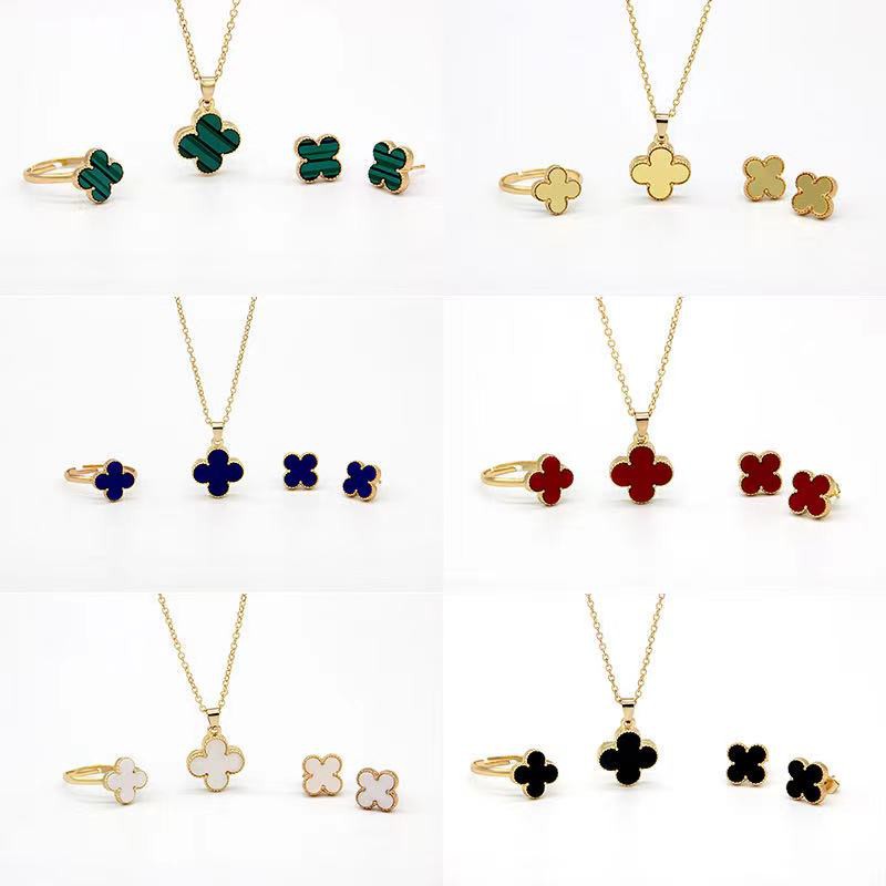 READY STOCK 4 pieces of fashion jewelry four leaf clover titanium steel stainless steel bracelet gift for couples ring earrings necklace