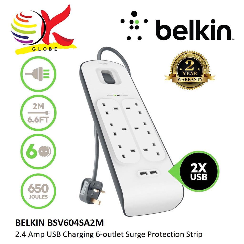 BELKIN BSV604SA2M 6 UK PLUGS + 2USB EXTENSION SOCKET SURGE PROTECTOR ...