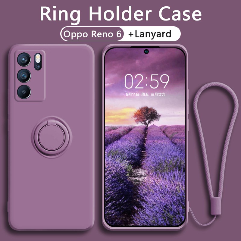 Luxury Oppo Reno 5g Pro Liquid Silicone Case Full Cover Camera With  Free Ring Holder Same Color Lanyard