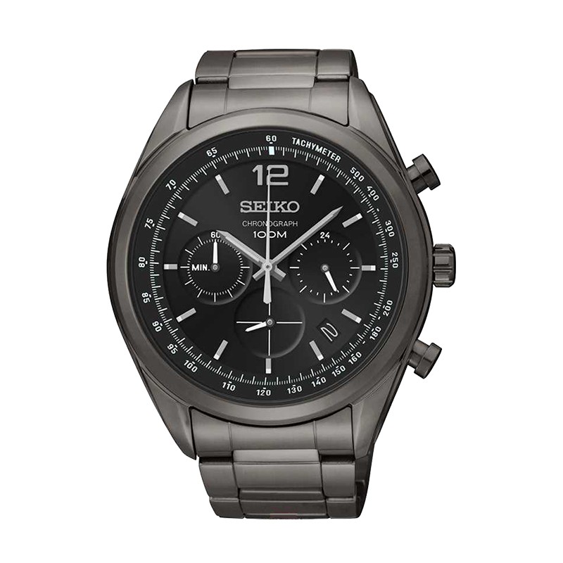 Seiko Men s Chronograph Black Stainless Steel Band Watch SSB093P1